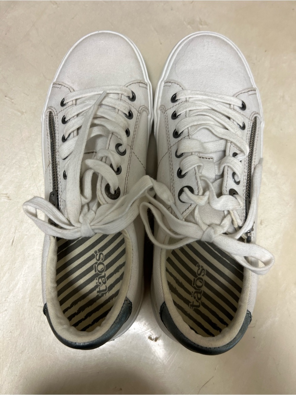 Taos Footwear White Canvas Sneakers with Silver Accents